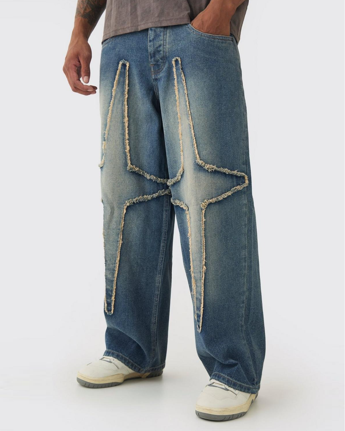 Baggy Fit Rigid Large Distressed Star Jeans