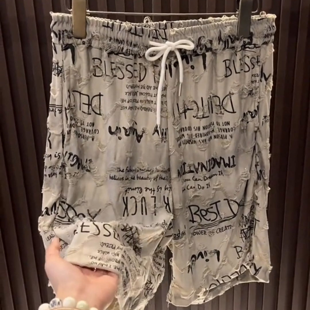 Men's Graffiti Lettering Ripped Shorts