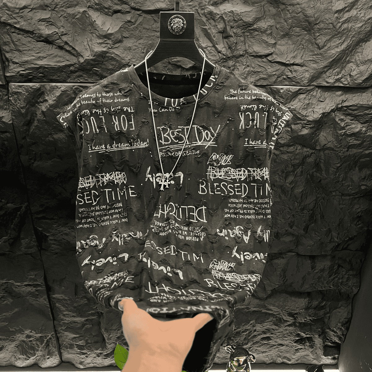 Men's Graffiti Lettering Ripped Top