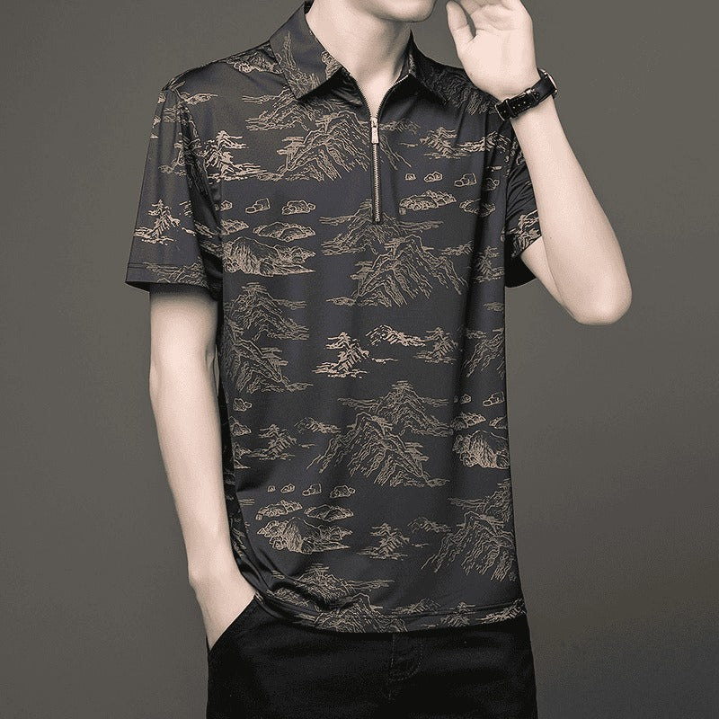 Men's Zippered Ice Silk Polo Shirt