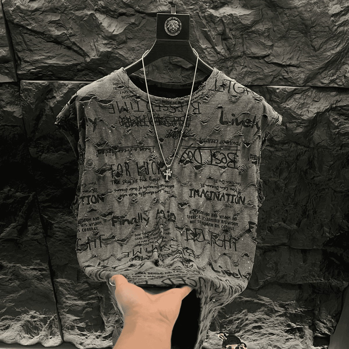 Men's Graffiti Lettering Ripped Top