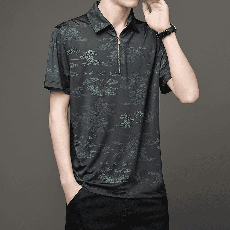 Men's Zippered Ice Silk Polo Shirt