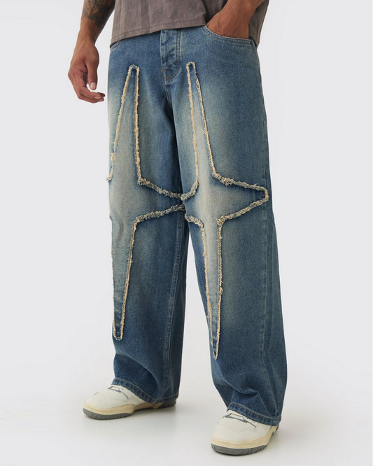 Baggy Fit Rigid Large Distressed Star Jeans