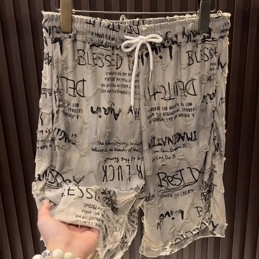 Men's Graffiti Lettering Ripped Shorts
