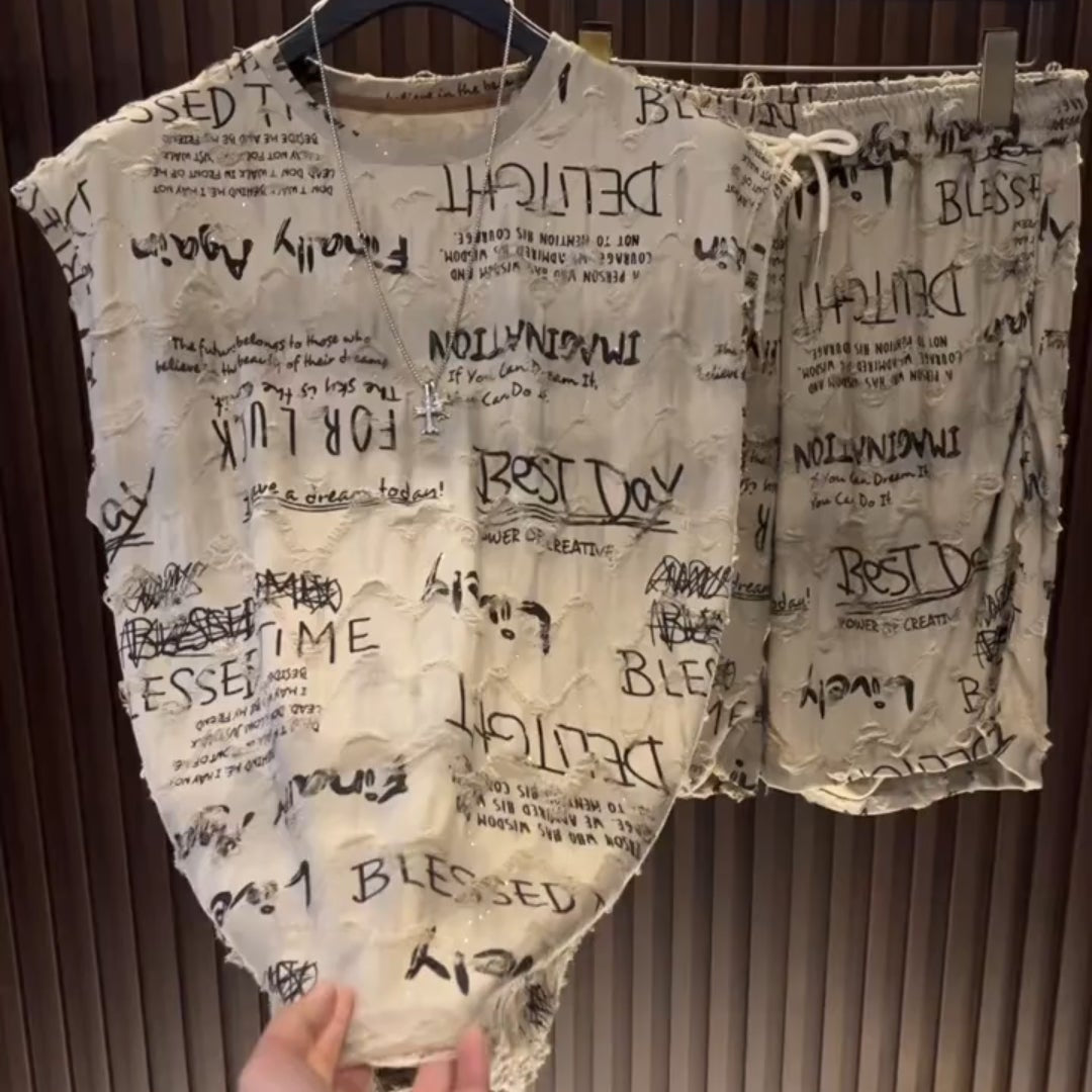 Men's Graffiti Lettering Ripped Top