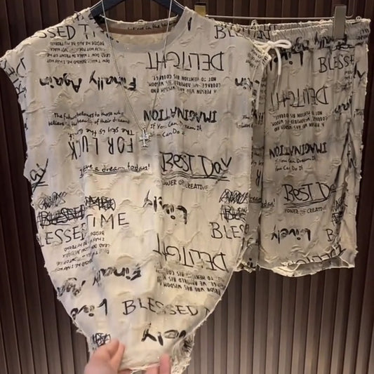 Men's Graffiti Lettering Ripped Top