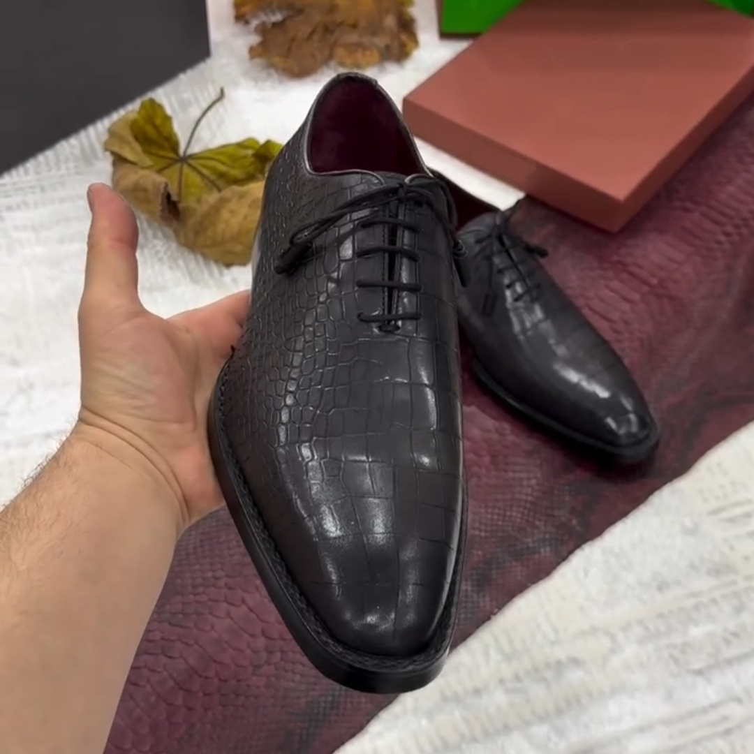 Croc-Effect Leather Oxford Shoes