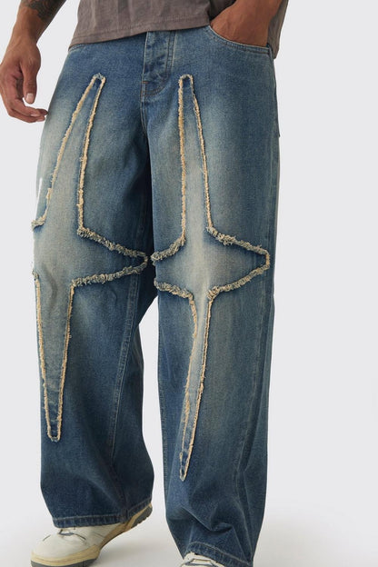 Baggy Fit Rigid Large Distressed Star Jeans